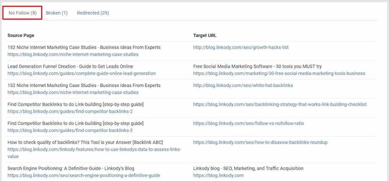 [Screenshot: Internal link opportunities showing suggested links with source page, keyword context, and target page]
