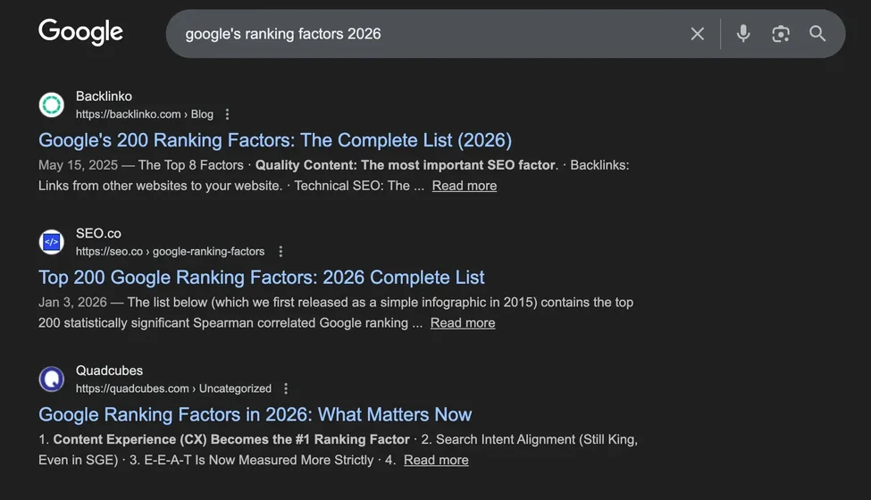 [Screenshot: Google search results showing top-ranking pages alongside their backlink counts from an SEO tool, demonstrating the correlation between backlinks and ranking position]