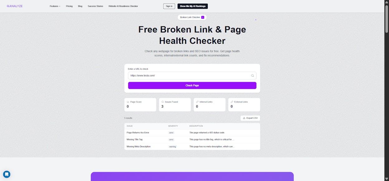 [Screenshot: Analyze AI&rsquo;s free Broken Link Checker showing dead URLs discovered on a competitor&rsquo;s site &mdash; take screengrab from https://www.tryanalyze.ai/free-tools/broken-link-checker]