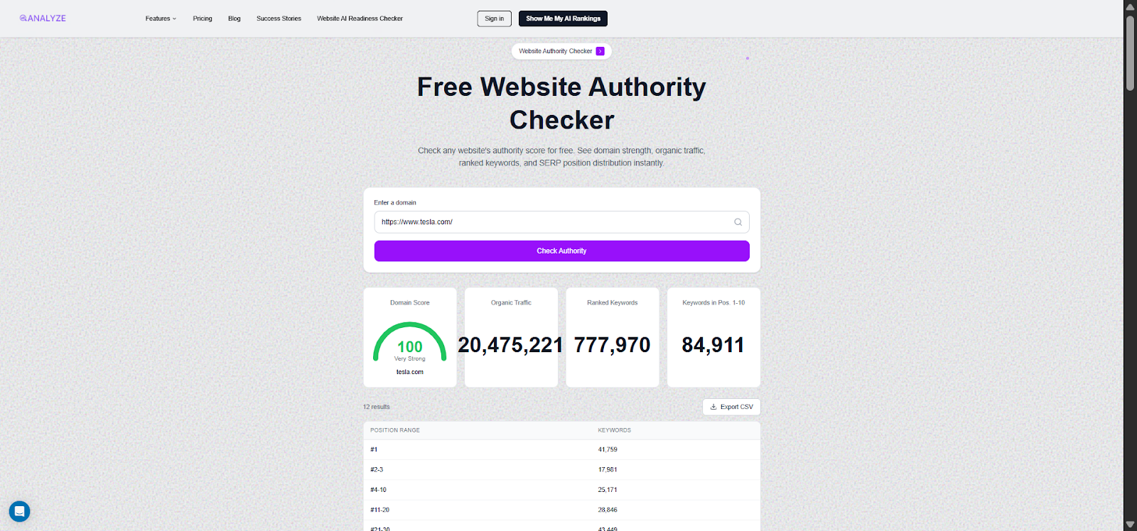 [Screenshot: Analyze AI&rsquo;s free Website Authority Checker showing Domain Rating, total backlinks, and referring domains &mdash; take screengrab from https://www.tryanalyze.ai/free-tools/website-authority-checker]