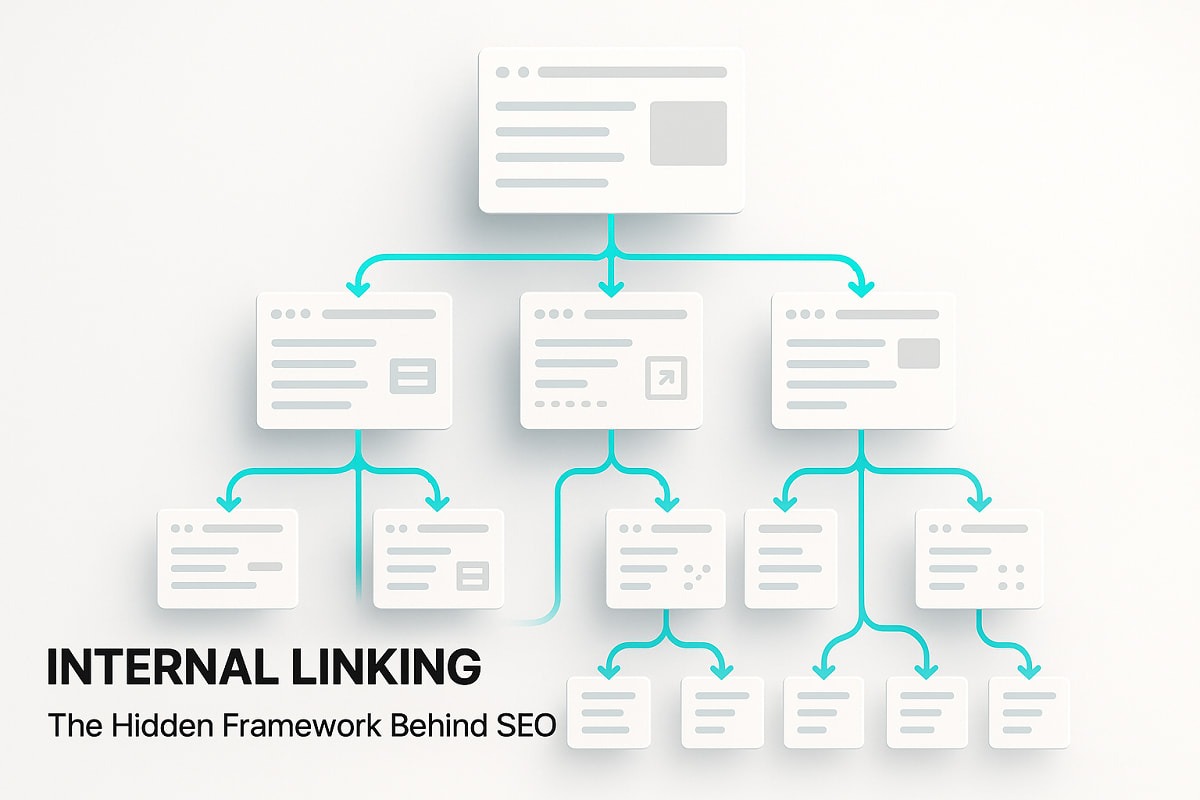 [Screenshot: Diagram showing link authority flowing from a well-linked research study through internal links to a product/money page]