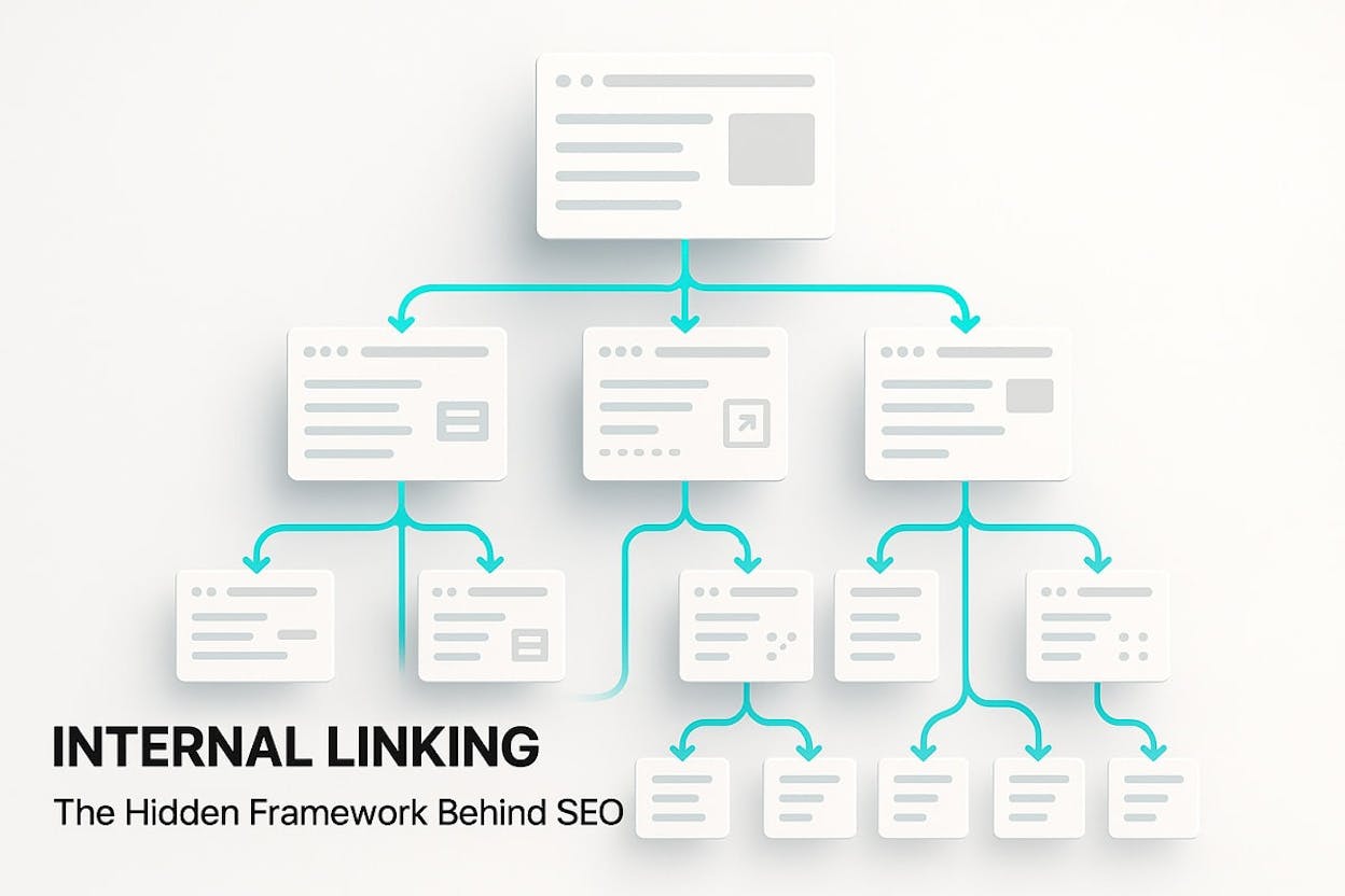 [Screenshot: Diagram showing link authority flowing from a well-linked research study through internal links to a product/money page]