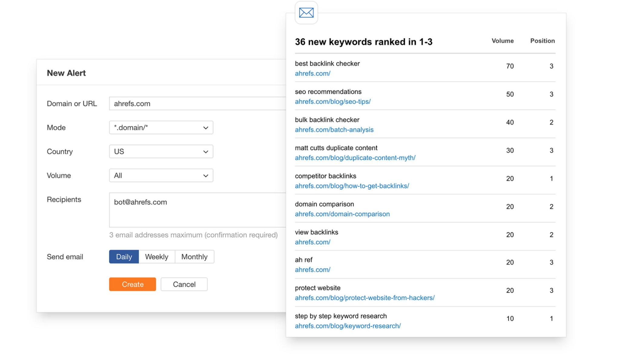 [Screenshot: A backlink alert setup screen showing how to configure a new alert for a competitor domain]