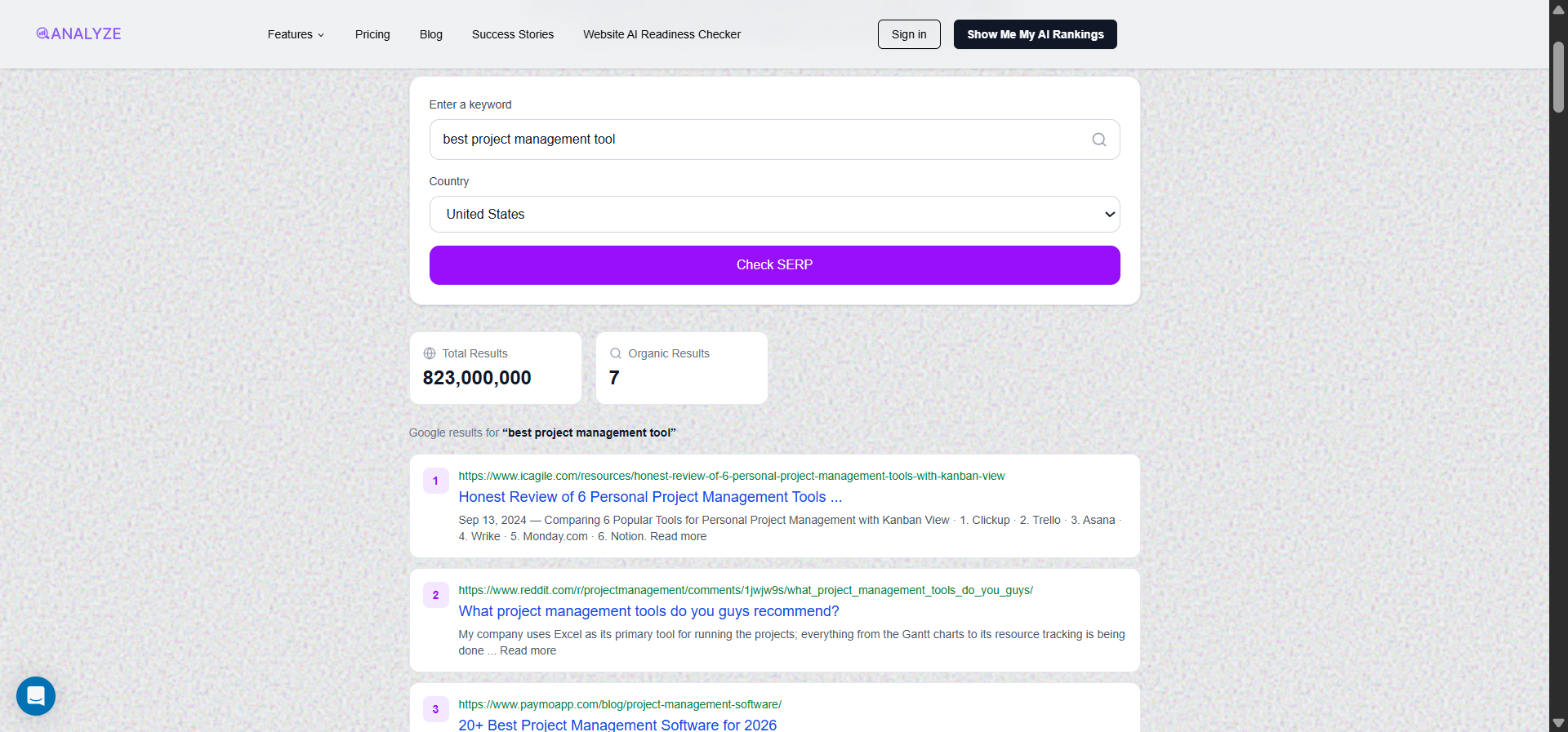 [Screenshot: Analyze AI&rsquo;s free SERP Checker showing top-ranking pages for a target keyword &mdash; take screengrab from https://www.tryanalyze.ai/free-tools/serp-checker]