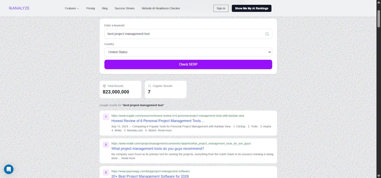[Screenshot: Analyze AI&rsquo;s free SERP Checker showing top-ranking pages for a target keyword &mdash; take screengrab from https://www.tryanalyze.ai/free-tools/serp-checker]