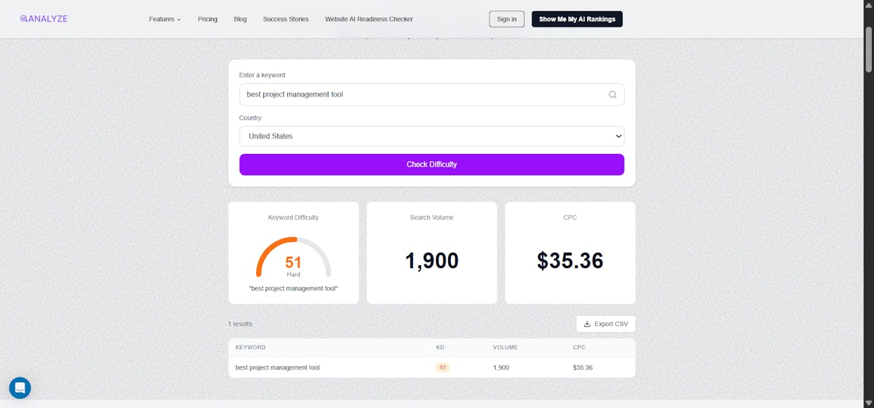 [Screenshot: Analyze AI&rsquo;s free Keyword Difficulty Checker showing difficulty score and competitive metrics for a target keyword &mdash; take screengrab from https://www.tryanalyze.ai/free-tools/keyword-difficulty-checker]
