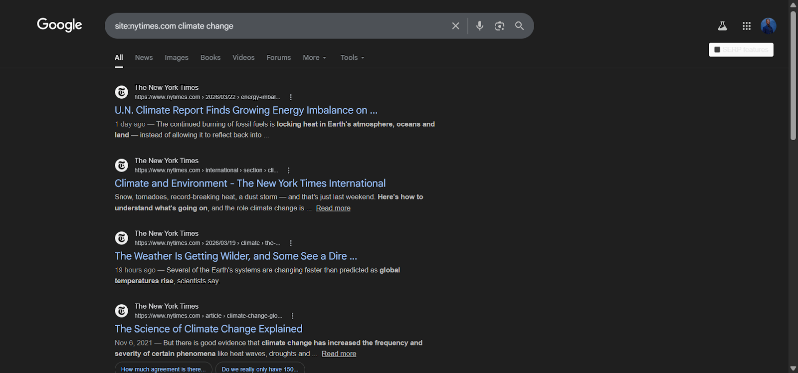 [Screenshot: Google search results showing site: operator filtering only nytimes.com results for &ldquo;climate change&rdquo;]