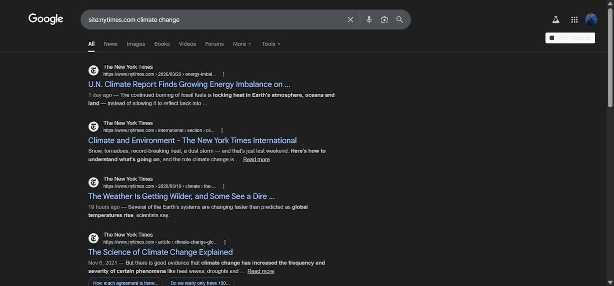 [Screenshot: Google search results showing site: operator filtering only nytimes.com results for &ldquo;climate change&rdquo;]