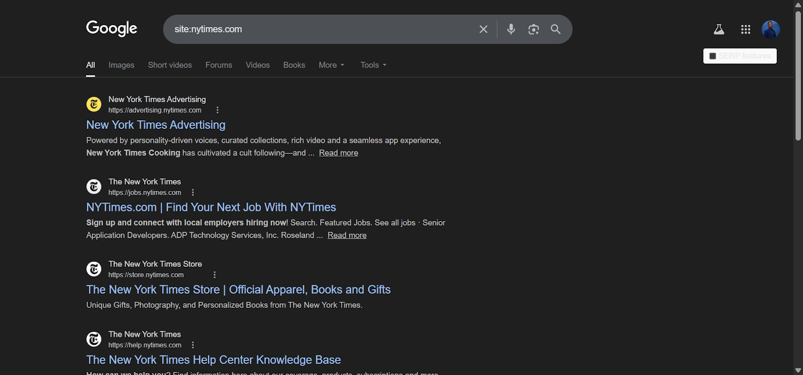 [Screenshot: Google search results for site:yourdomain.com showing estimated page count]