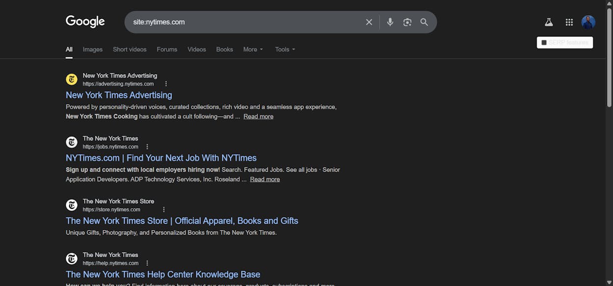 [Screenshot: Google search results for site:yourdomain.com showing estimated page count]