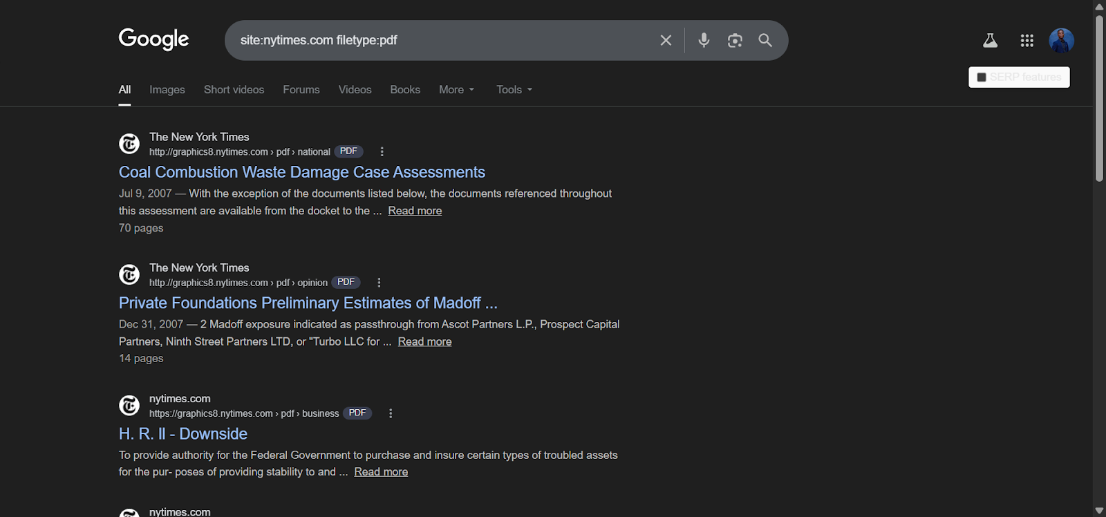 [Screenshot: Google results showing indexed PDFs from a site using site: and filetype: operators]
