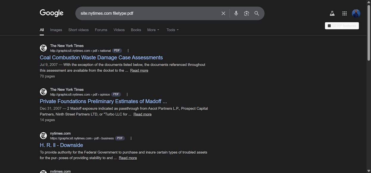 [Screenshot: Google results showing indexed PDFs from a site using site: and filetype: operators]