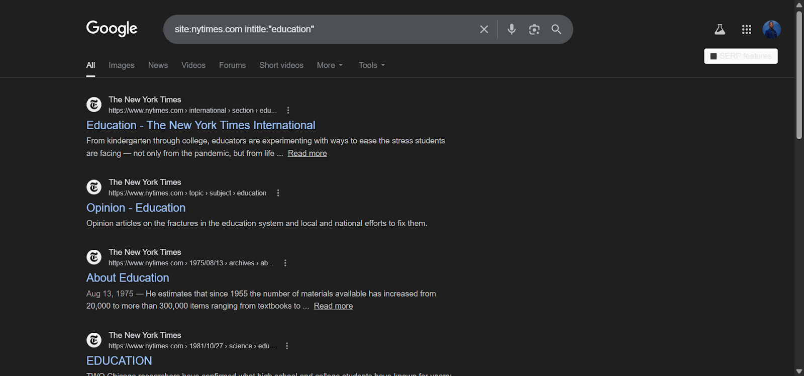 [Screenshot: Google results showing title tag matches for a specific keyword across a site]