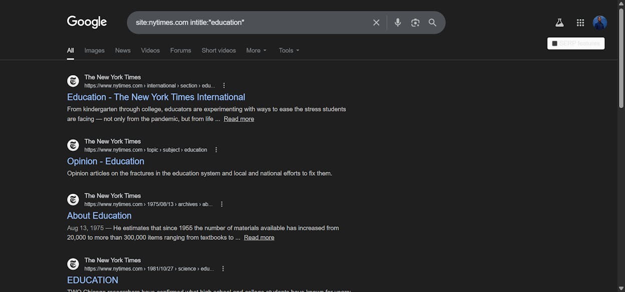 [Screenshot: Google results showing title tag matches for a specific keyword across a site]