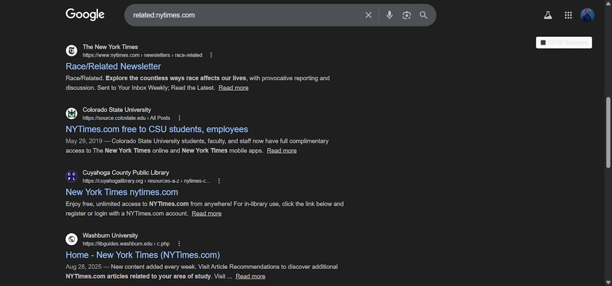 [Screenshot: Google search showing related: operator results with similar competitor websites]