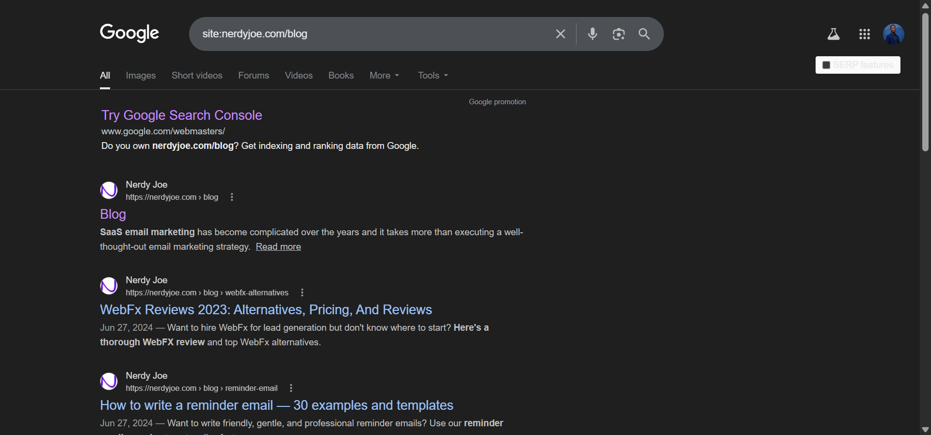 [Screenshot: Google results showing competitor blog content with site: operator restricted to /blog/ subfolder]