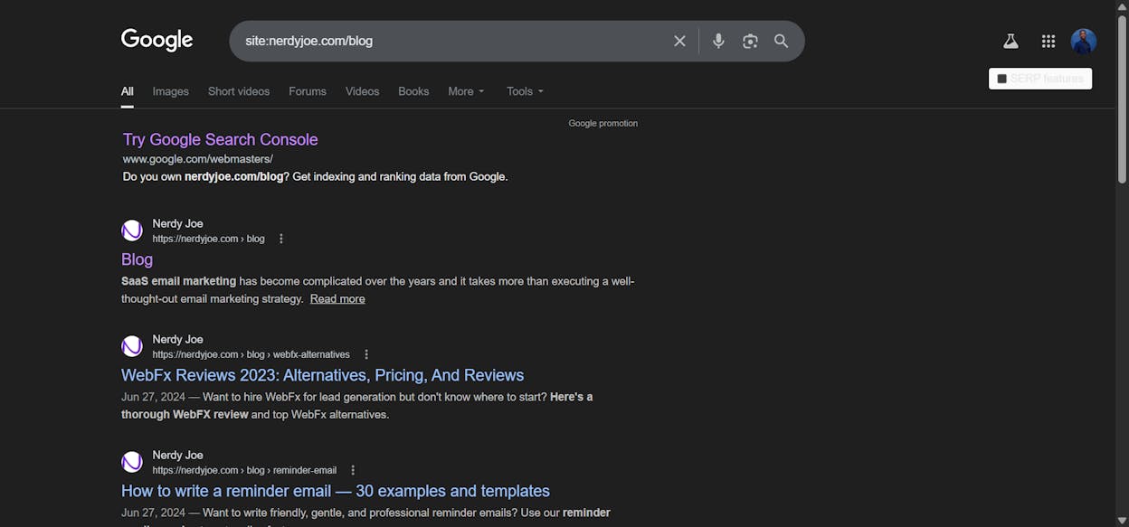[Screenshot: Google results showing competitor blog content with site: operator restricted to /blog/ subfolder]