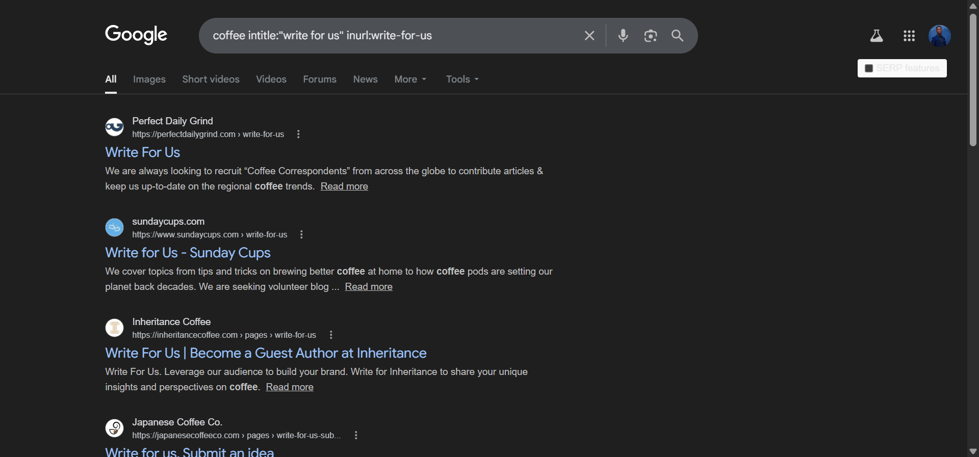 [Screenshot: Google search results showing &ldquo;write for us&rdquo; pages in the coffee niche]