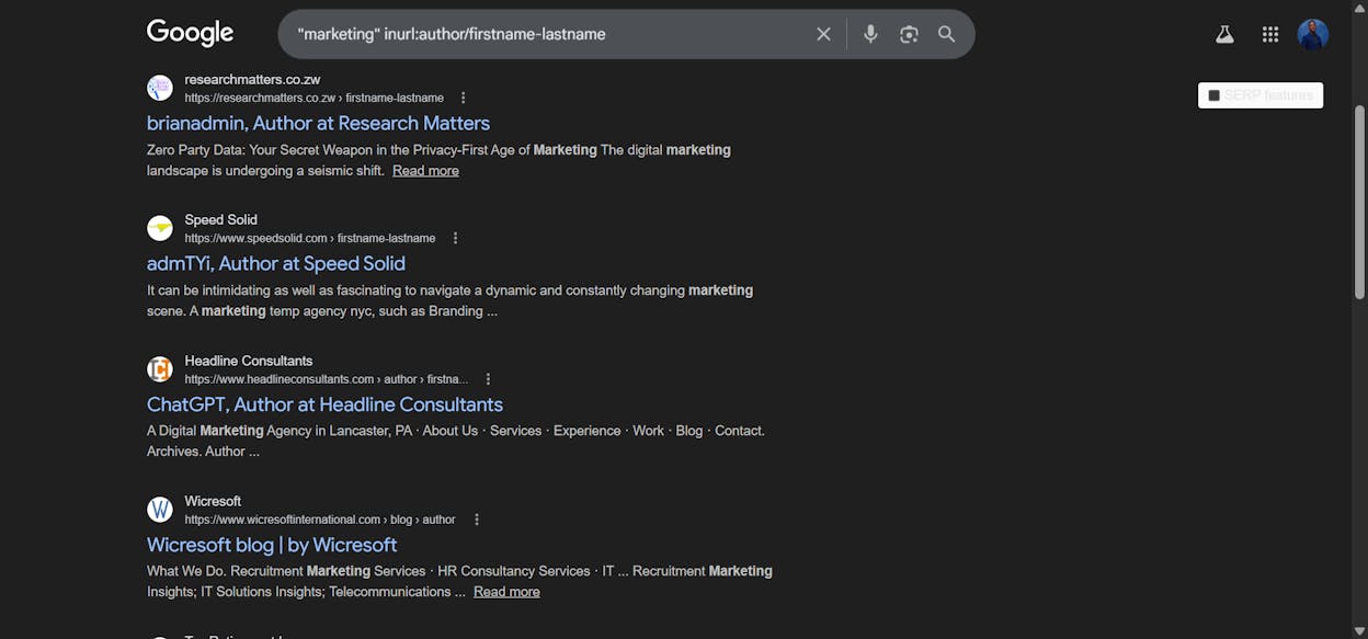 [Screenshot: Google results showing guest posts by a specific author using inurl:author/]