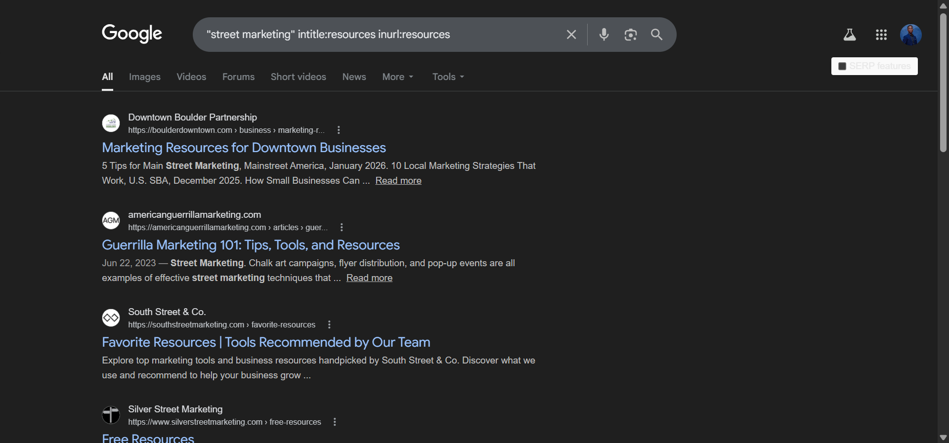 [Screenshot: Google results showing resource page opportunities found using intitle: and inurl: operators]