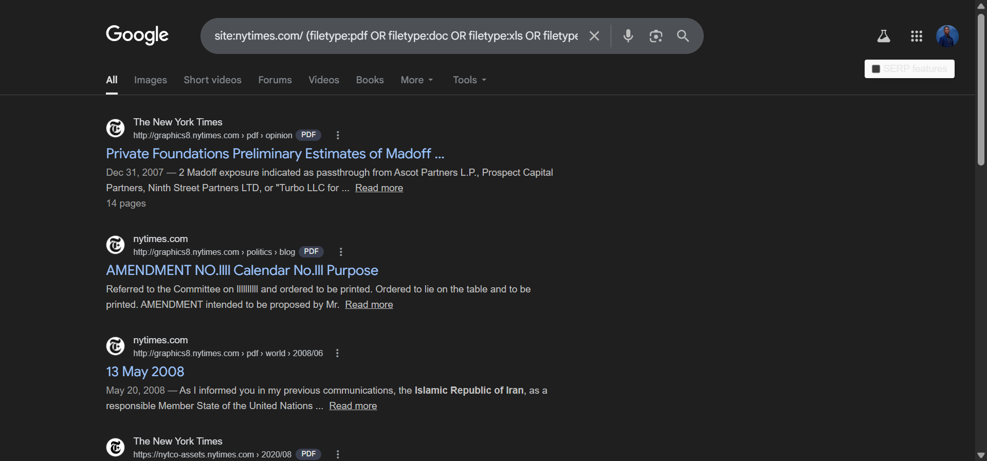 [Screenshot: Google results revealing indexed documents of various file types on a site]