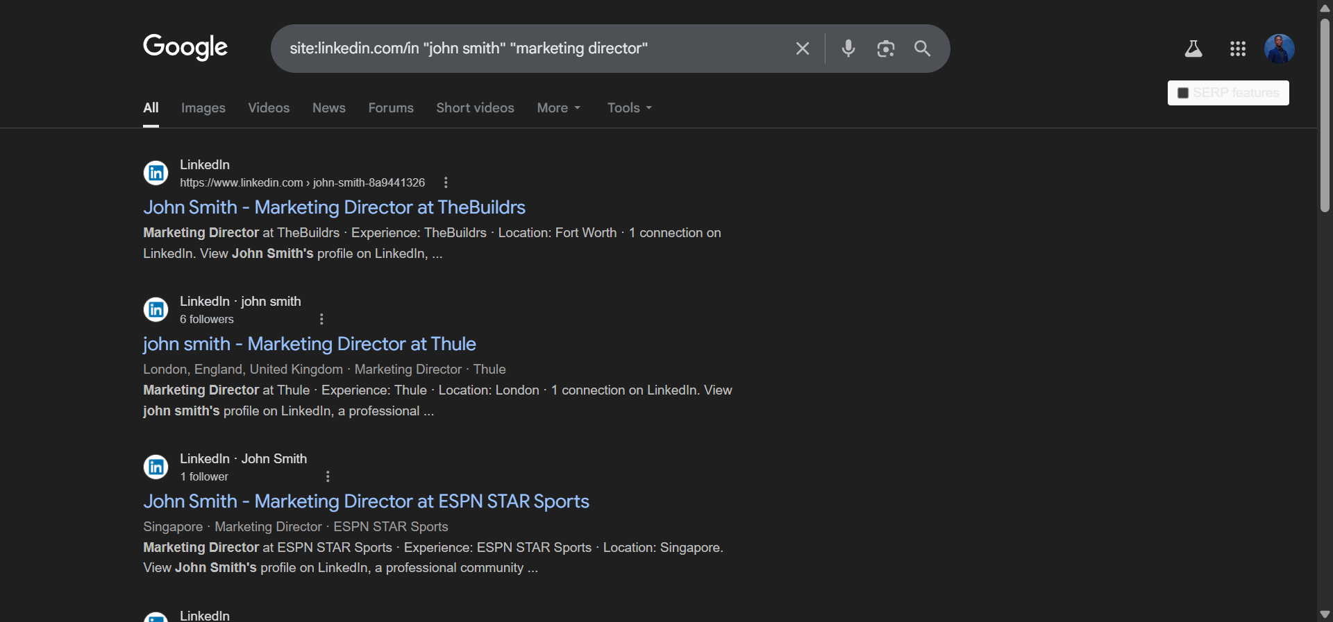 [Screenshot: Google results showing a person&rsquo;s contact info found via site: on social platforms]