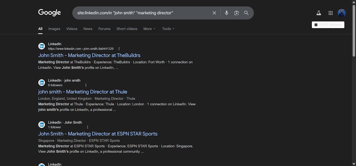 [Screenshot: Google results showing a person&rsquo;s contact info found via site: on social platforms]