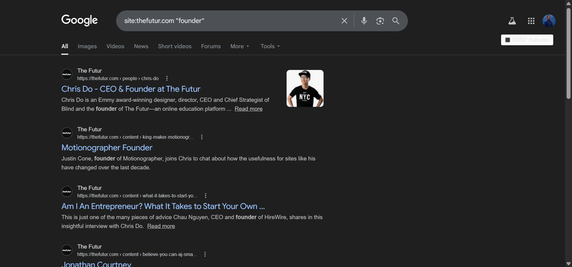 [Screenshot: Google results showing team page results from a company&rsquo;s site]