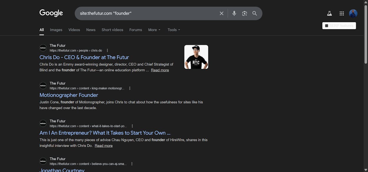 [Screenshot: Google results showing team page results from a company&rsquo;s site]