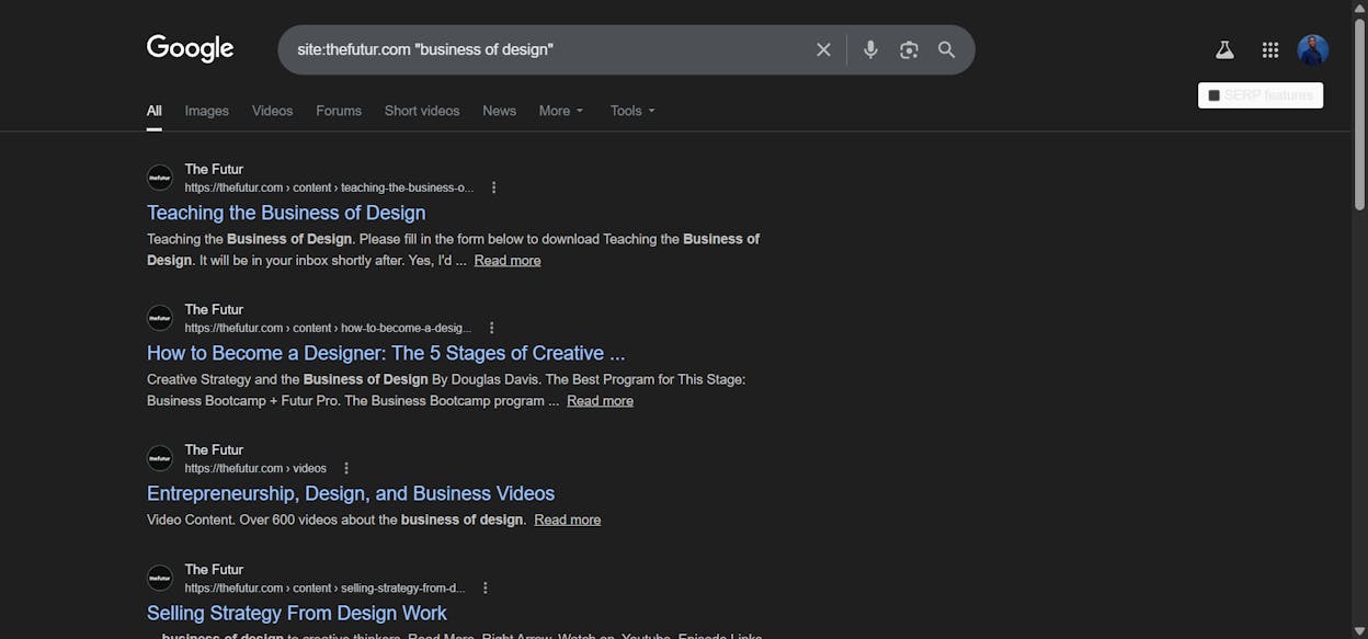 [Screenshot: Google results showing pages on your site that mention &ldquo;keyword research&rdquo;]