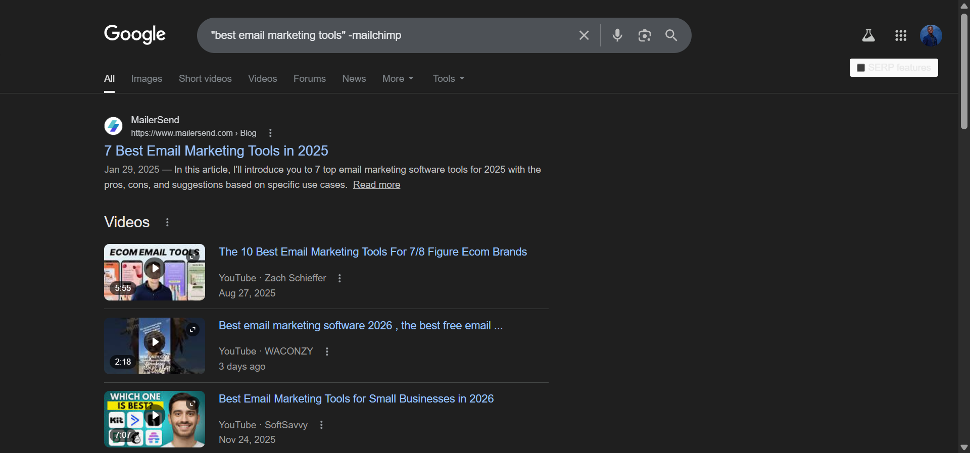 [Screenshot: Google results for &ldquo;best email marketing tools&rdquo; with the minus operator excluding a specific brand name]