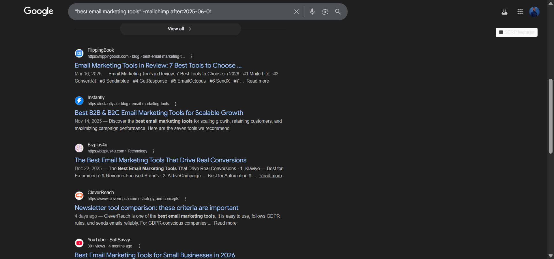 [Screenshot: Google results for recent listicles not mentioning a brand, using after: operator]