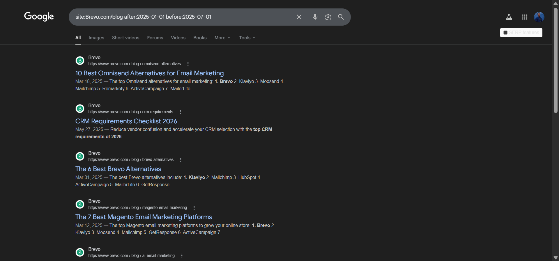 [Screenshot: Google results showing the number of posts from a competitor&rsquo;s blog within a six-month window]