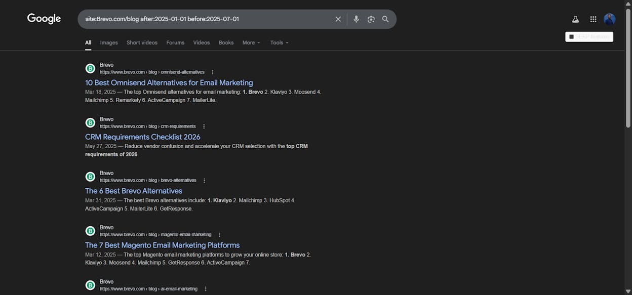 [Screenshot: Google results showing the number of posts from a competitor&rsquo;s blog within a six-month window]