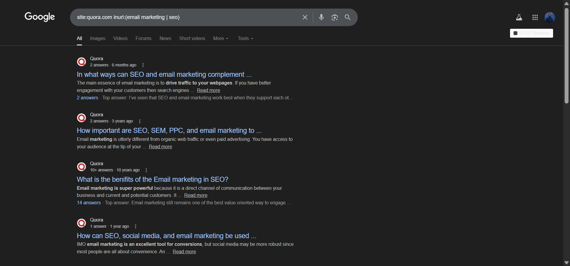 [Screenshot: Google results showing relevant Quora threads found with site: and inurl: operators]