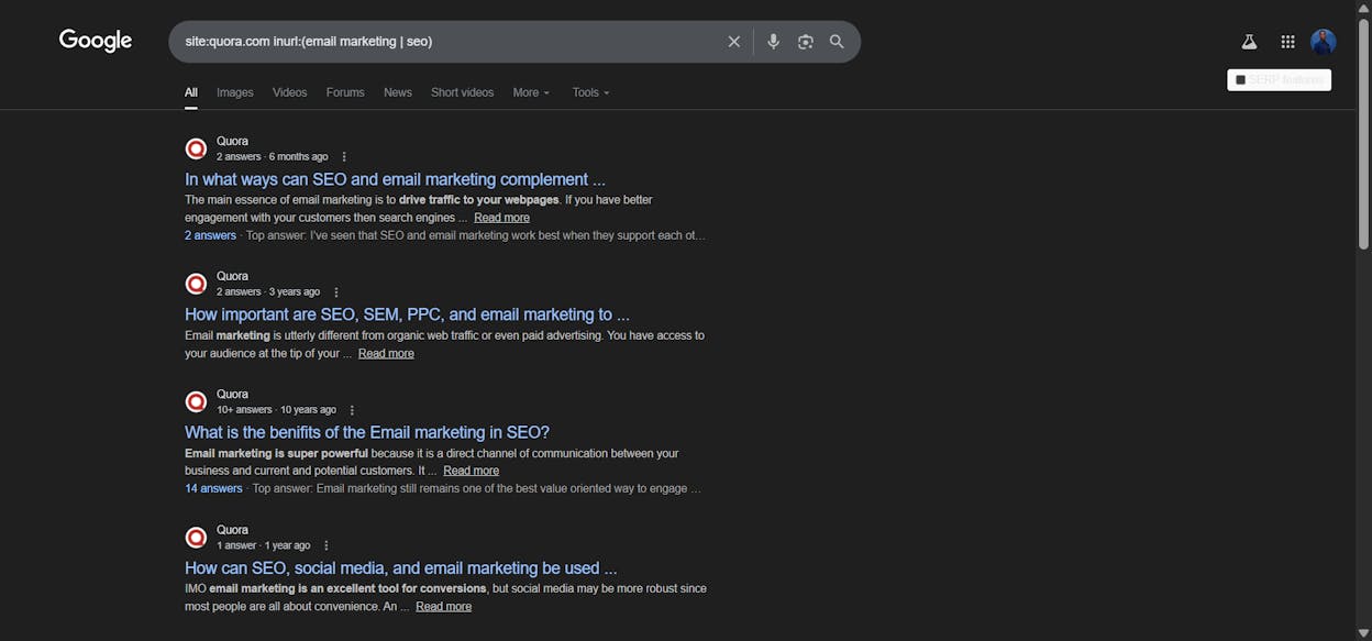 [Screenshot: Google results showing relevant Quora threads found with site: and inurl: operators]