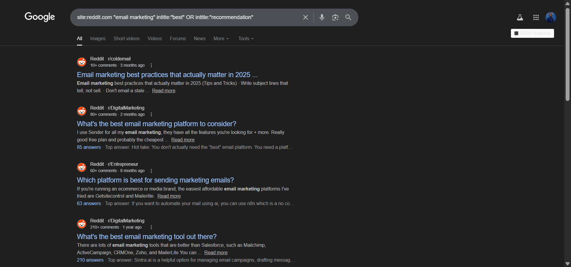 [Screenshot: Google results showing Reddit threads asking for recommendations in a specific niche]