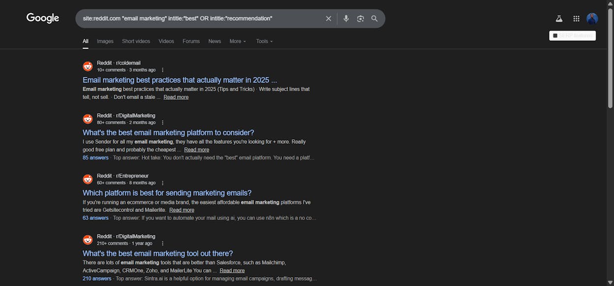 [Screenshot: Google results showing Reddit threads asking for recommendations in a specific niche]