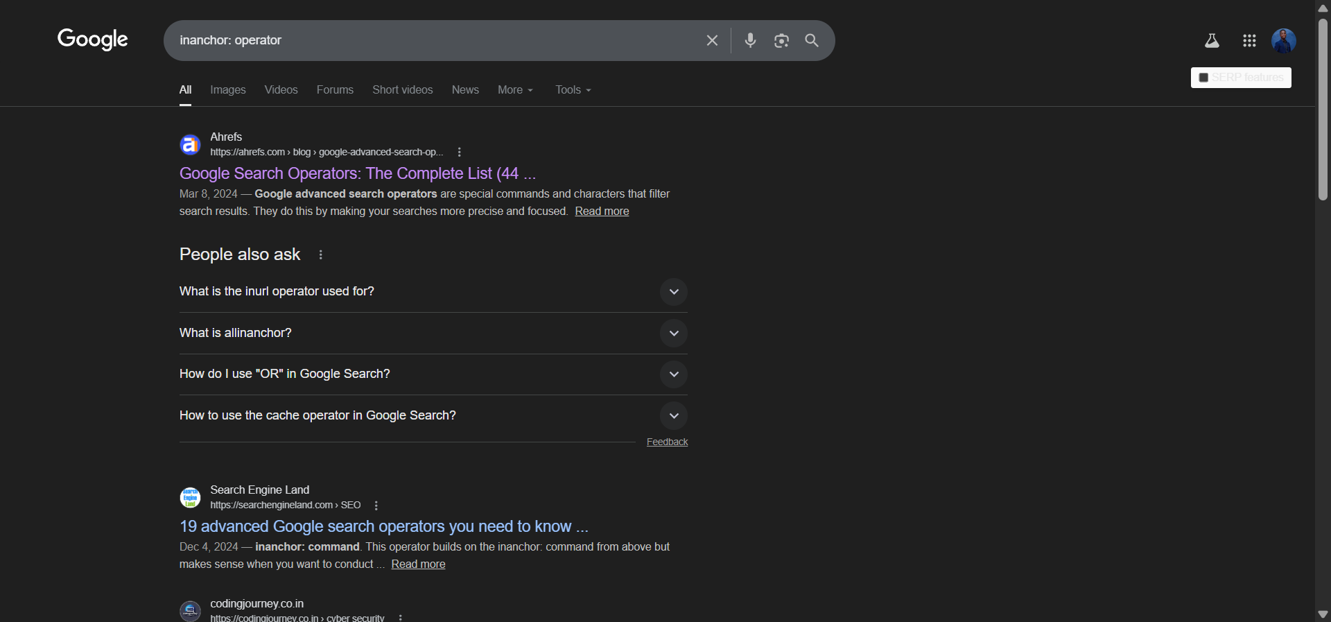 [Screenshot: Google results for inanchor: operator showing pages that receive links with specific anchor text]