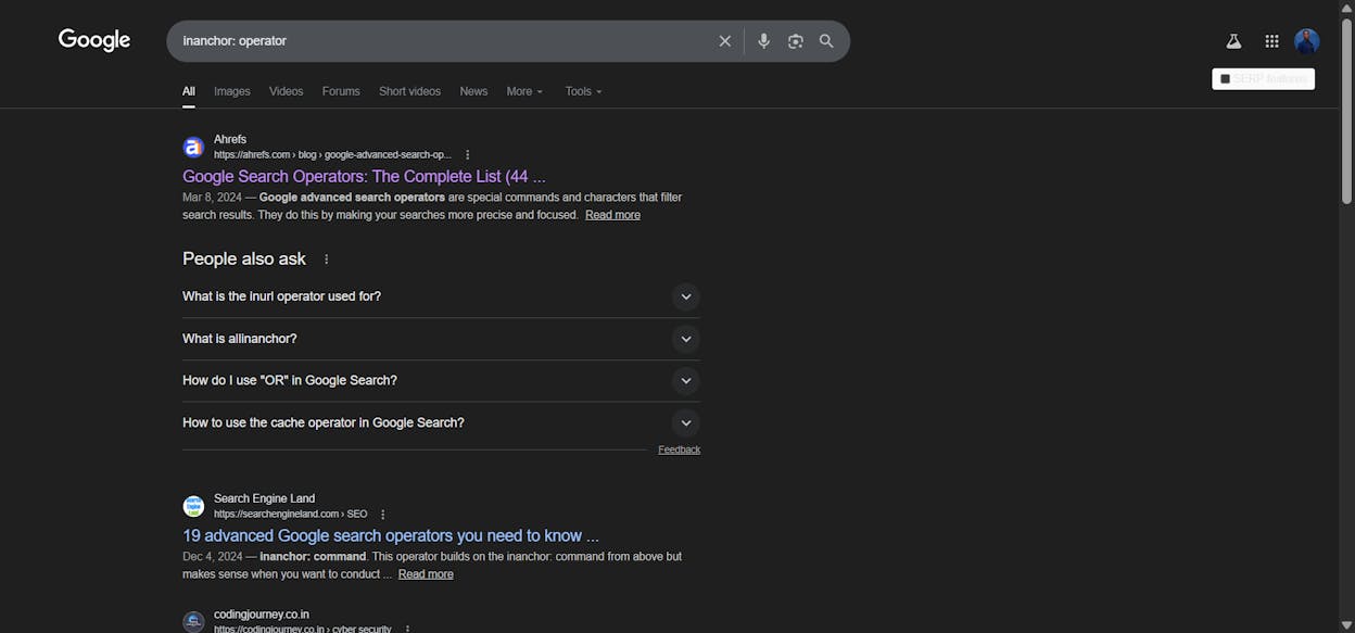 [Screenshot: Google results for inanchor: operator showing pages that receive links with specific anchor text]
