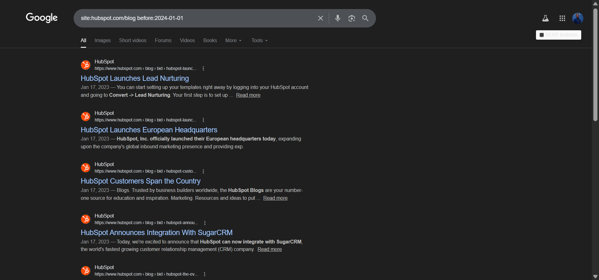[Screenshot: Google results showing older blog posts from a specific site using before: operator]