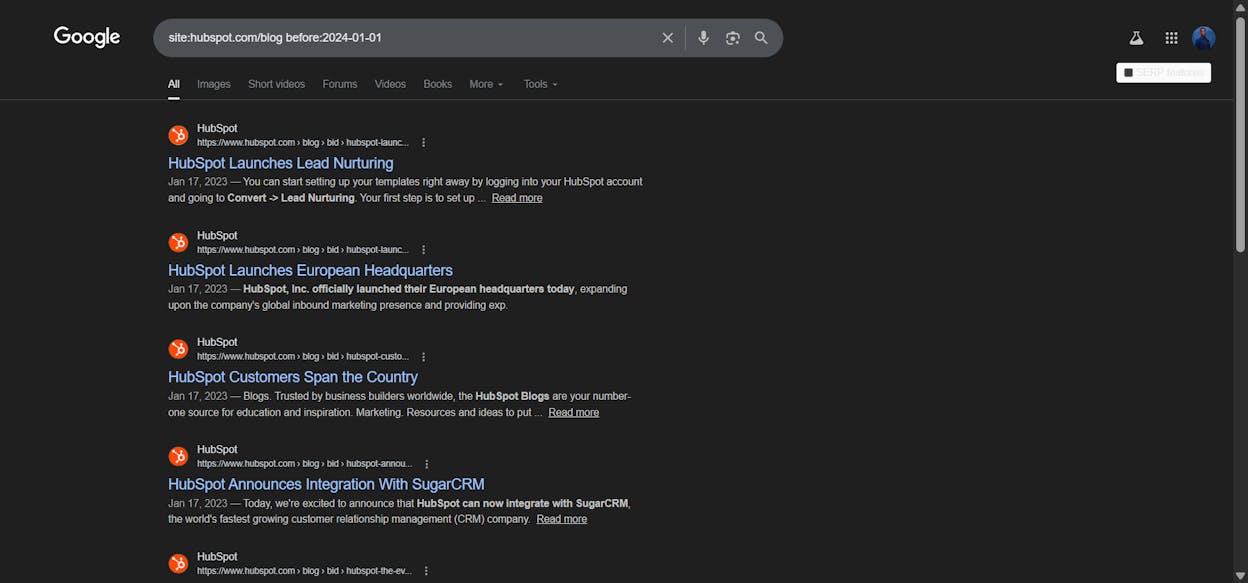 [Screenshot: Google results showing older blog posts from a specific site using before: operator]