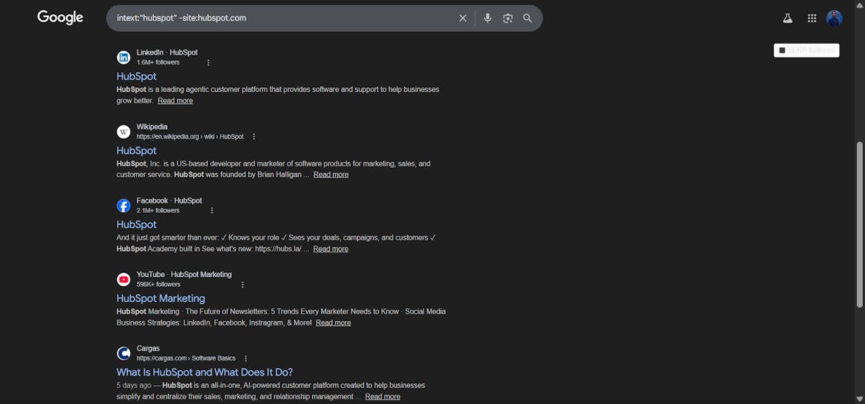 [Screenshot: Google results showing external brand mentions found with intext: and minus site: operators]