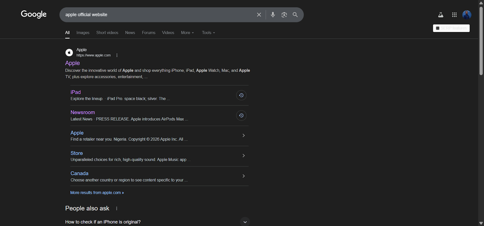 [Screenshot: Google SERP showing Apple&rsquo;s US result for &ldquo;apple official website&rdquo;]