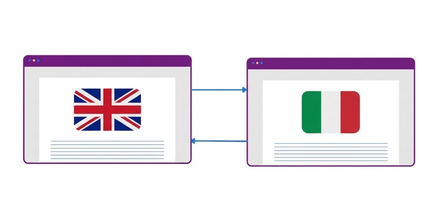 [Screenshot: Diagram showing bidirectional hreflang tags between English and Italian pages, with arrows going both directions]