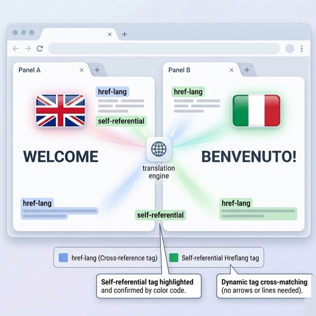 [Screenshot: Diagram showing both pages carrying identical sets of hreflang tags, with the self-referential tag highlighted]