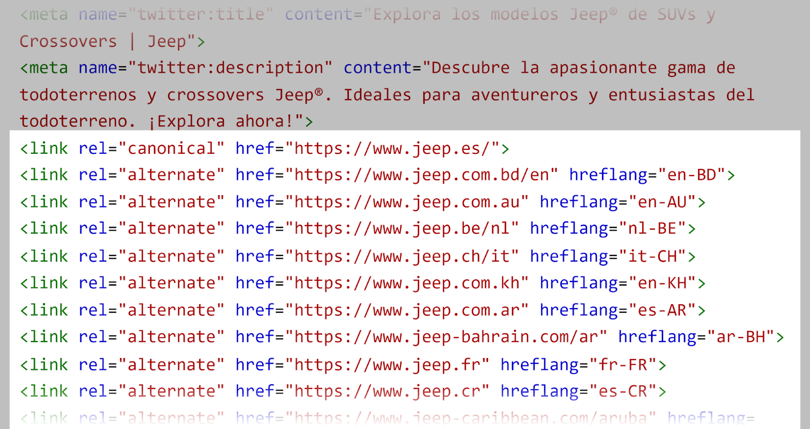 [Screenshot: HTML source code of a page showing hreflang tags inside the <head> section]