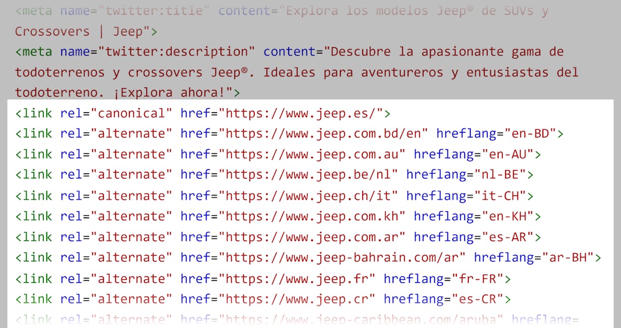[Screenshot: HTML source code of a page showing hreflang tags inside the <head> section]