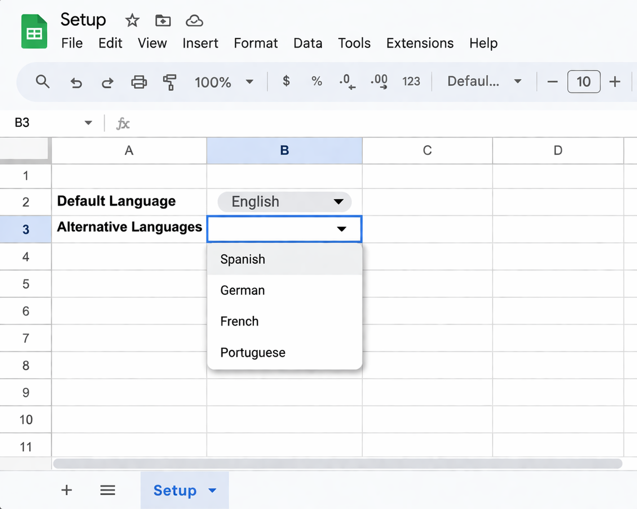 [Screenshot: Google Sheets &ldquo;Setup&rdquo; tab showing language dropdown selections &mdash; default language set to English, with Spanish, German, French, and Portuguese as alternatives]