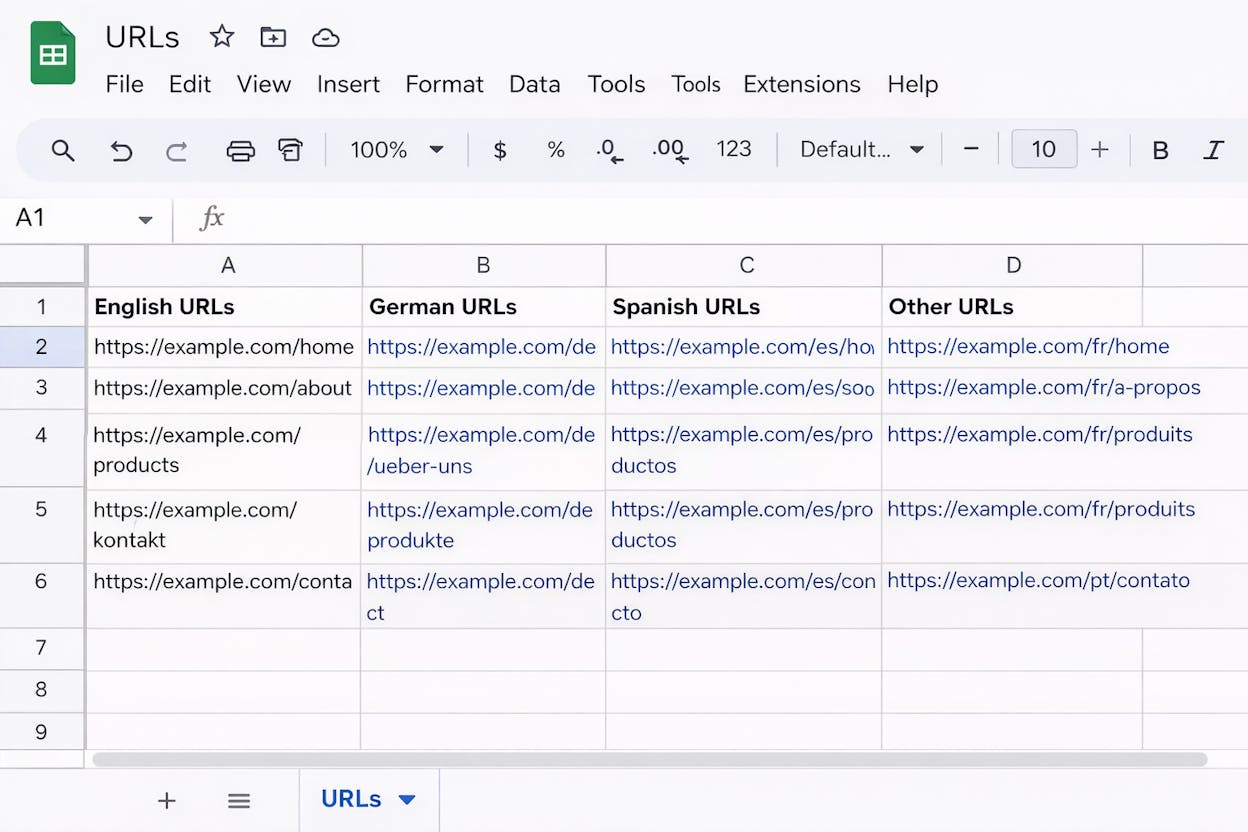 [Screenshot: Google Sheets &ldquo;URLs&rdquo; tab showing English URLs in column A, with corresponding German, Spanish, and other language URLs in adjacent columns]